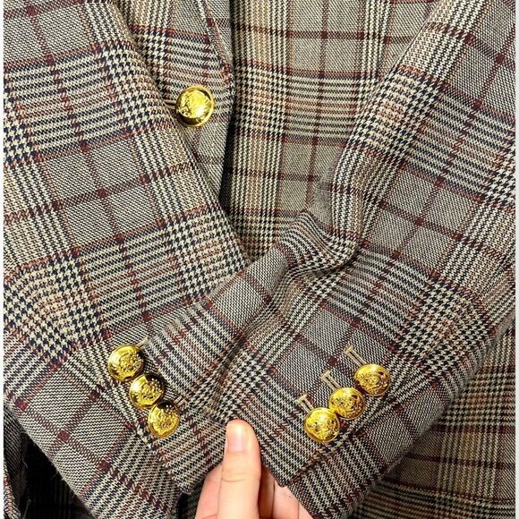 A.L.C Hicks Blazer Brown Bordeaux Blue Gold Plaid One-Button Size 14 - Picture 6 of 14
